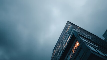 Poster - At twilight, a modern office tower glows with amber lights, showcasing its sharp angles and reflective windows against a beautiful fading sky