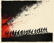 © Sofia - Minimalist silhouette: crowd running from collapsing abstract shape, duotone black and red panic theme.