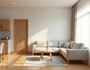 Poster - Modern living room interior design. Comfortable sofa with pillows. Round wooden coffee table and light colored carpet on wooden floor near the big window. Clean apartment interior.