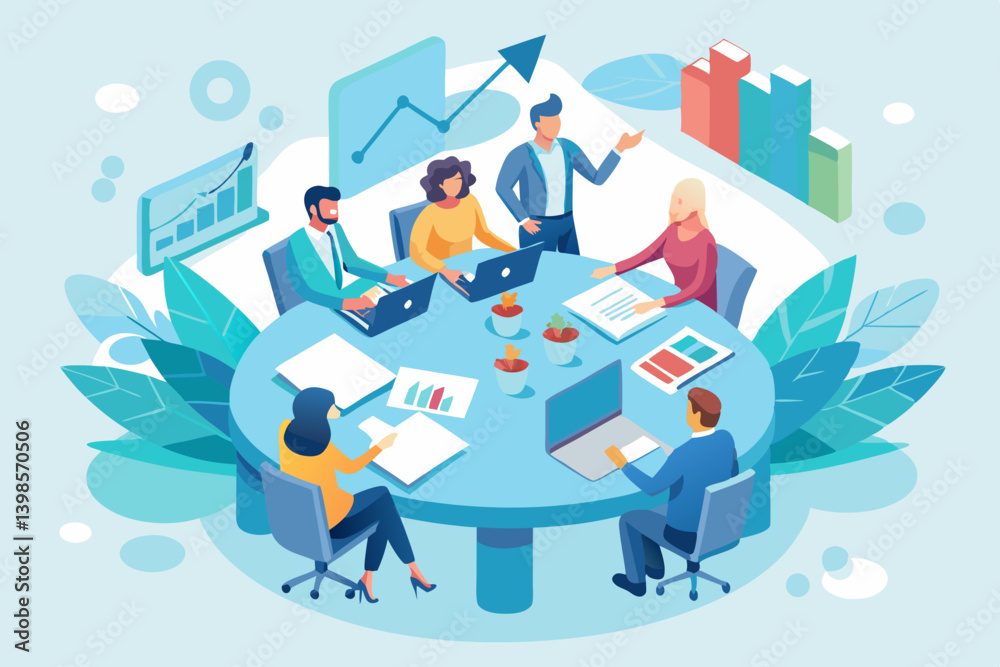 Illustration of a business meeting with charts laptops and people ...