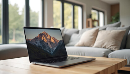 Leinwandbilder - Laptop with mountain scene on screen. Modern living room with wooden table. Technology, work, remote work, home office concept. Cosy interior design, online communication, travel.