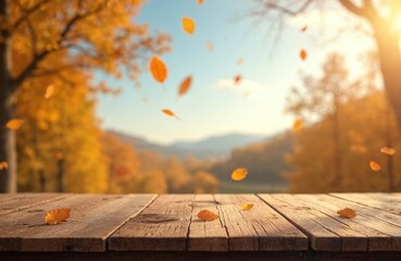 Aufkleber - Wooden table with falling autumn leaves, blurry bokeh light, golden sun in background. Natural outdoor scene for product display, seasonal promotion. Warm light, cozy mood.