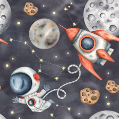 Wall Mural - Space watercolor hand-drawn seamless pattern with little astronauts, rockets, planets and stars. Cute cartoon print for kids on darck blue watercolor background