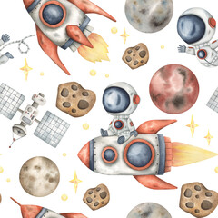 Wall Mural - Space watercolor hand-drawn seamless pattern with little astronauts, rockets, planets and stars. Cute cartoon print for kids on white background