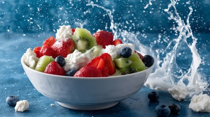 Poster - Fresh strawberries, blueberries, and kiwi slices cascade into a bowl of creamy yogurt, creating delightful splashes captured in a dynamic, playful composition