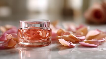 Aufkleber - A premium skincare jar is artistically displayed among delicate peach petals, showcasing its glossy surface and reflections, creating a serene and elegant atmosphere