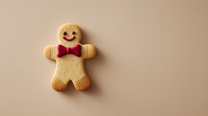 Aufkleber - Close-up of a cheerful gingerbread cookie shaped like a man, featuring a red bow tie. Soft lighting enhances its warm, inviting charm against a neutral background