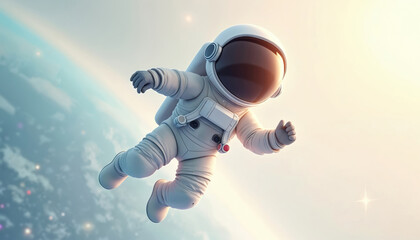 Poster - Cartoon astronaut floats in zero gravity. Spaceman in spacesuit explores cosmic journey against white backdrop. Concept of outer space, exploration, fantasy, adventure, childlike dream. Fun,