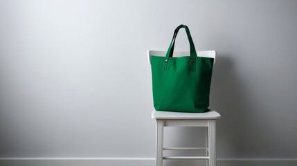 Poster - A green fabric tote bag rests on a white stool against a neutral background, showcasing its stylish design and soft shadows for a minimalist look