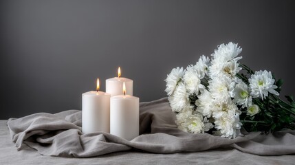 Poster - Three white pillar candles flicker beside vibrant white chrysanthemums, arranged on a soft grey linen surface creating a serene atmosphere perfect for relaxation