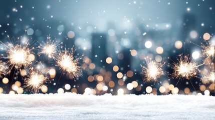 Aufkleber - Sparklers light up the snowy surface as revelers celebrate New Year's Eve, with colorful city lights reflecting a joyful atmosphere amid gentle snowfall