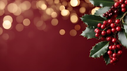 Aufkleber - Festive design features holly branches with red berries on a crimson background, accented by soft golden bokeh lights and plenty of copy space