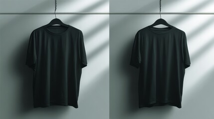 Leinwandbilder - Dark charcoal t-shirt laid flat on a neutral background, featuring subtle creases and shadows, ideal for showcasing print-ready designs with ample copy space