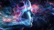 © Anna - Surreal portrait of a woman in REM sleep, surrounded by colorful light streams symbolizing vivid dreams and brain activity during sleep.