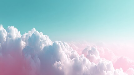 Fototapete - Fluffy white clouds float peacefully in a gradient pastel sky, merging soft pink and mint hues. The minimalist view evokes relaxation and calmness, offering open space