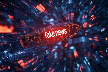 Aufkleber - 3d rendering of a glowing red bullet with  fake news  text in a digital space from low angle