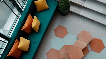 Poster - Bright and inviting interior showcases a plush emerald green sofa adorned with vibrant cushions set against a clean, polished concrete floor