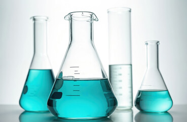 Poster - Biochemistry glassware experiment with turquoise liquid. Science laboratory equipment flasks, beakers, tubes. Chemistry and medical research with technology, innovation. Health and wellness.