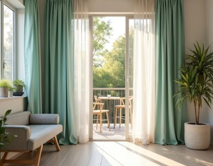 Aufkleber - Bright interior with sunlight from open door to balcony. Comfortable sofa near window, green plants, wooden chairs, table on balcony. Natural light in modern apartment interior. Home living room