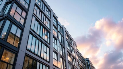 Poster - Low-angle perspective captures a contemporary building with reflective windows mirroring vibrant sunset hues and soft clouds at dusk in an urban setting