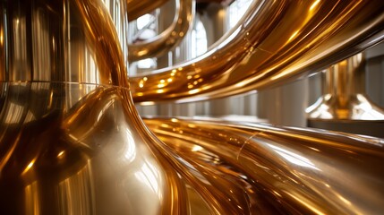 Aufkleber - Polished copper pipes twist and curve intricately in a factory interior, their metallic sheen capturing bright light and creating captivating reflections