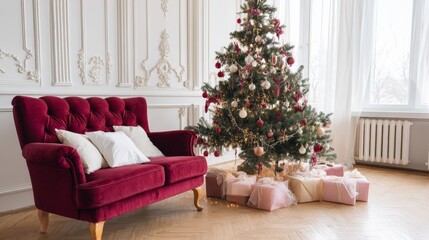 Poster - A decorated Christmas tree stands in a cozy room, adorned with classic ornaments and twinkling lights, while wrapped gifts create a festive atmosphere below