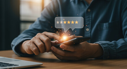 Wall Mural - rating review: man giving five star feedback on phone. boost your online reputation & customer satis