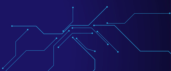Fototapete - Glowing light blue neon AI chip with thin circuit contact lines. Technology lines circuit and dots on blue background, circuit board network connection.