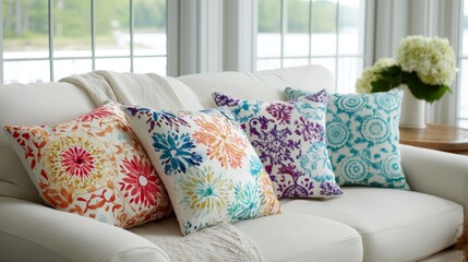 Poster - Cozy living room corner features a white cushioned sofa adorned with vibrant pillows, illuminated by natural light from large windows, creating a warm atmosphere