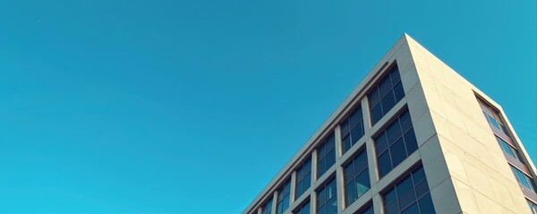 Poster - Low-angle view of modern office building exterior with blue sky background. Corporate real estate, business district, architecture, urban cityscape. Commercial property, skyscraper exterior. Modern