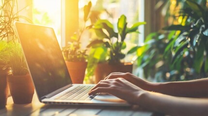 Aufkleber - The warm sunlight filters through the window, illuminating a person hands typing on a laptop. Surrounding them are vibrant green plants, creating a tranquil workspace in a cozy indoor setting.