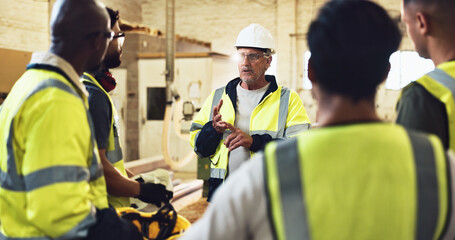 Aufkleber - Meeting, manager and construction team on site for planning with building, maintenance or repair. Discussion, engineering and industry workers with contractor for property development with renovation