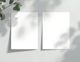 Aufkleber - Blank white paper mockup with soft shadows, leaves overlay on the wall. Empty paper photo mockup with clipping path. Minimalist clean design for presentation of posters, letters and design.