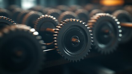 Poster - Intricately designed gears interlock seamlessly in a large industrial machine, reflecting light on their polished surfaces to emphasize mechanical precision