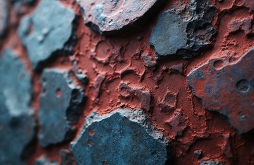 Poster - Close-up natural stone wall, rocky texture, slate ore, red, grey colors. Rough grunge surface, abstract background. Mineral background, design element for construction, architecture, nature, geology