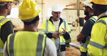 Poster - Meeting, contractor and construction team on site for planning with building, maintenance or repair. Discussion, engineering and industry workers with foreman for property development with renovation