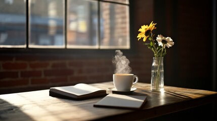 Poster - A rustic cafe table holds a steaming cup of tea, an open book, and a vase of fresh flowers, illuminated by soft morning light streaming through a window