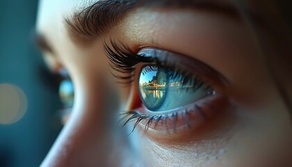 Fototapete - Close-up of woman eye with digital reflection of cityscape. Eye symbolizes vision tech cyberspace and communication. Concept of modern technology future and artificial intelligence.