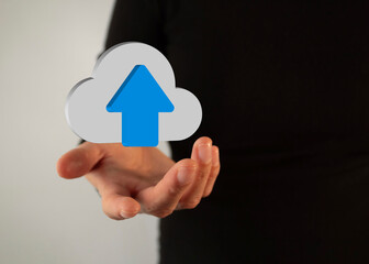 Poster - A hand holding a cloud with an arrow pointing upwards. Cloud files concept.