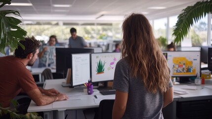 Poster - In a lively workspace, designers and writers engage in collaborative efforts, surrounded by sketches on whiteboards and focused discussions at desks