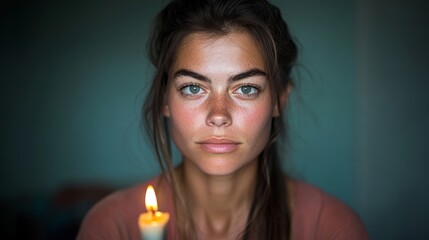 Poster - A young woman gazes intently at a flickering candle flame, her serene expression and the soft glow creating a tranquil atmosphere in the dim room