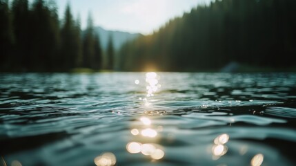 Poster - Sunlight reflects off the tranquil lake, casting shimmering patterns as a blurred forest looms in the background, capturing the essence of a peaceful nature setting