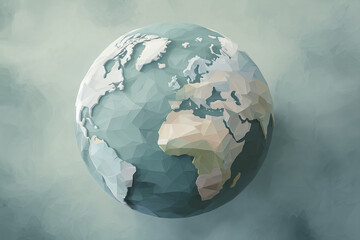 Poster - Low-poly earth globe, teal and white tones, against a textured background Free space around globe suitable for text or logo placement Symbolizes global connectivity, environmental awareness