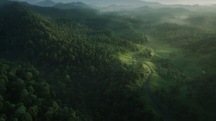 Poster - A winding road meanders through a vibrant green forest, surrounded by tall trees that exemplify the serenity of an untouched landscape perfect for outdoor adventures