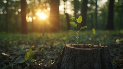 Poster - Fresh green leaves sprout from a weathered tree stump in a forest clearing as sunlight filters through, representing renewal and growth in nature