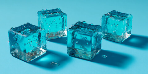 Poster - four wet, turquoise ice cubes on a blue background, showcasing freshness and coolness, ideal for dri