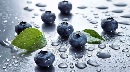 Poster - A handful of fresh blueberries lies on a white surface, enhanced by water droplets and green leaves, showcasing their vibrant color and freshness