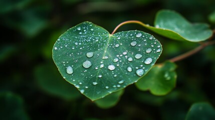 Poster - Detailed view of a green leaf reveals delicate veins and glistening dewdrops. The background is softly blurred, creating a serene atmosphere in nature