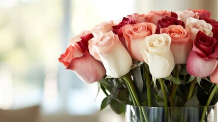 Poster - A close-up view captures a bouquet of roses in pink, red, and white hues arranged in a clear vase, illuminated by natural light, creating a romantic atmosphere