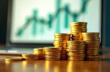 Poster - Stacks gold coins on wooden surface with graph on laptop screen. Banking, financial investment, wealth, success concept. Business, finance, trading, profit, market, saving money, economy, stock
